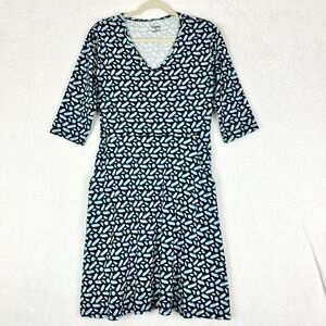 Svaha Organic Cotton Dress Size 14 Pockets Abstract V-Neck Blue